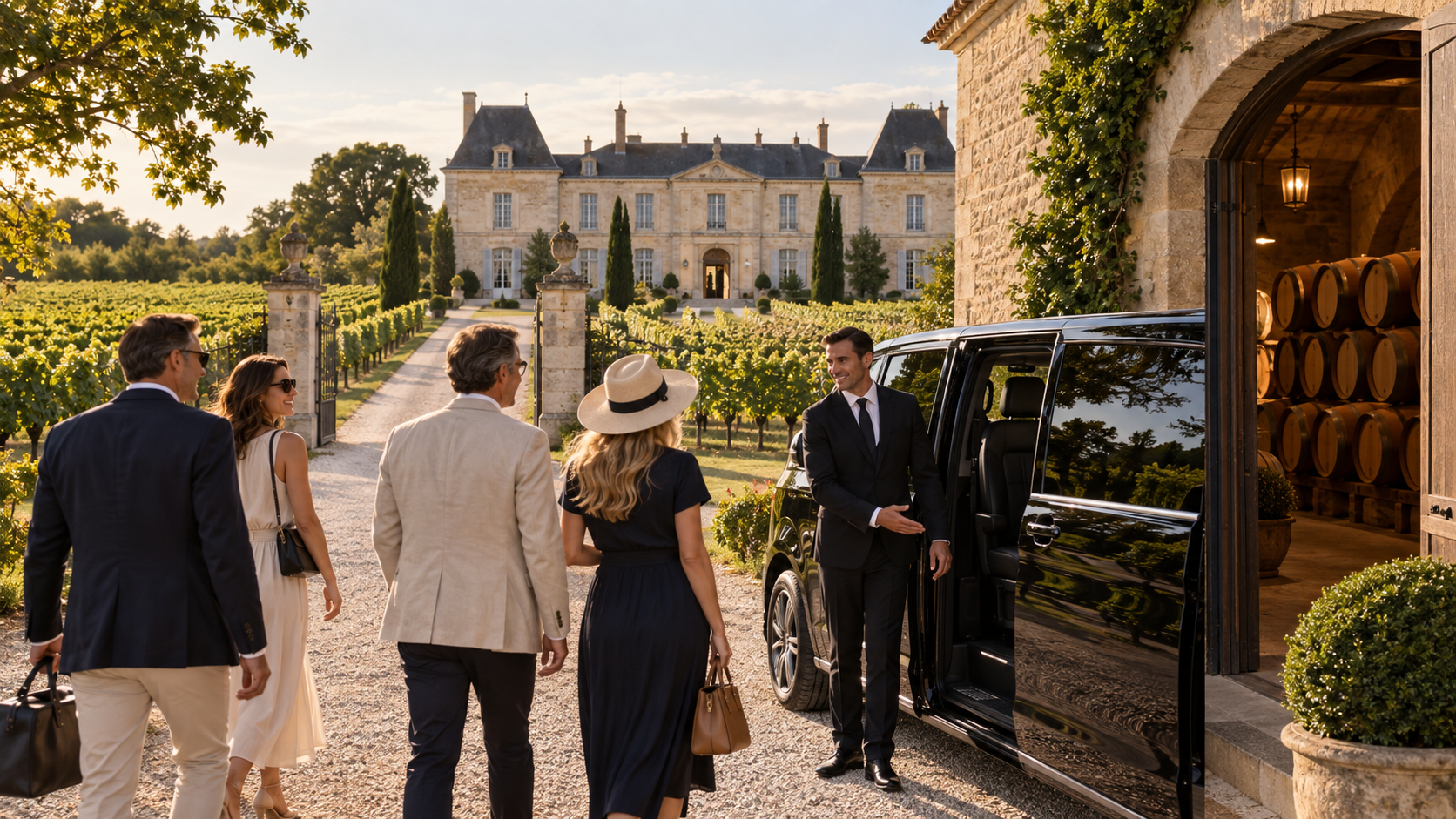 Bordeaux wine estate chauffeur arrival